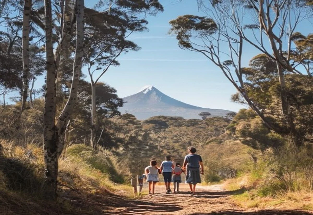 Family walking a bushland trail below Mount Wellington in Tasmania