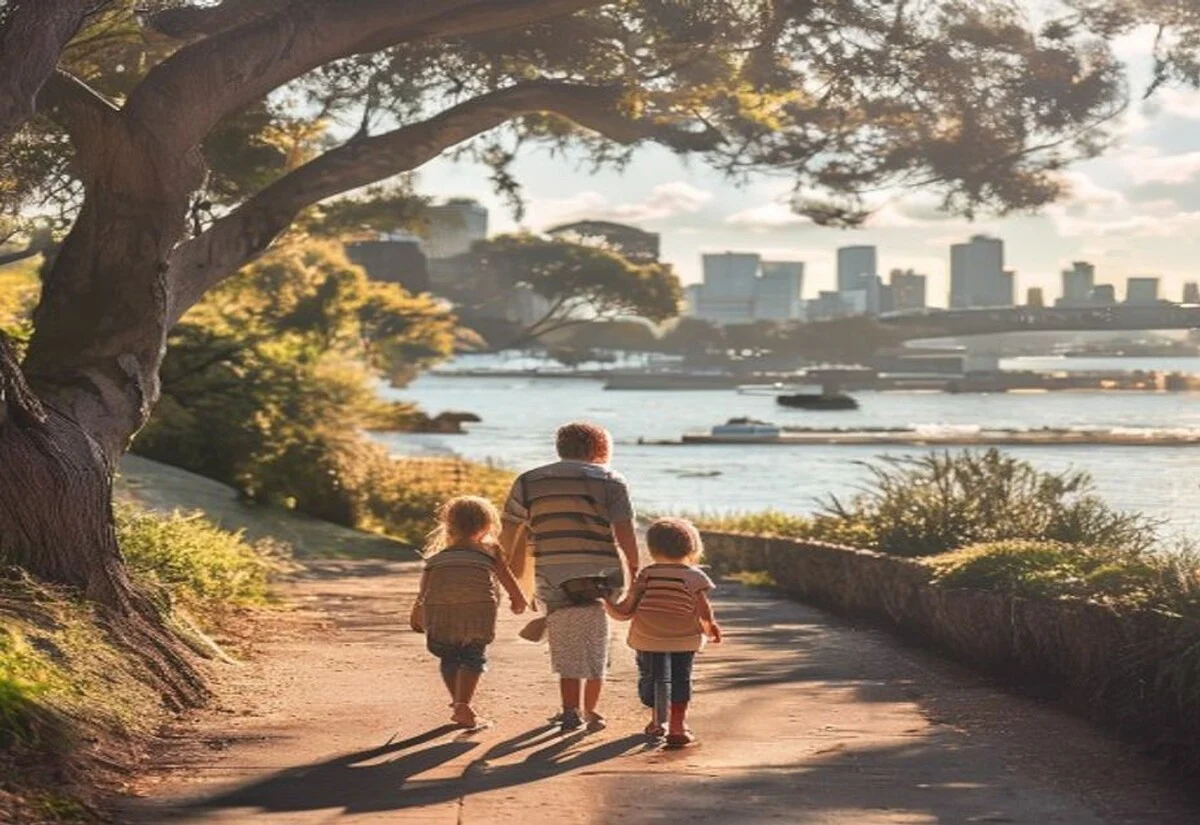 Family day out during NSW school holidays Family walking along the Sydney Harbour foreshore during the NSW school holidays