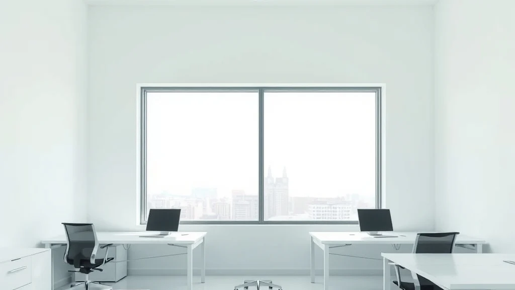 A bright modern office interior with empty desks