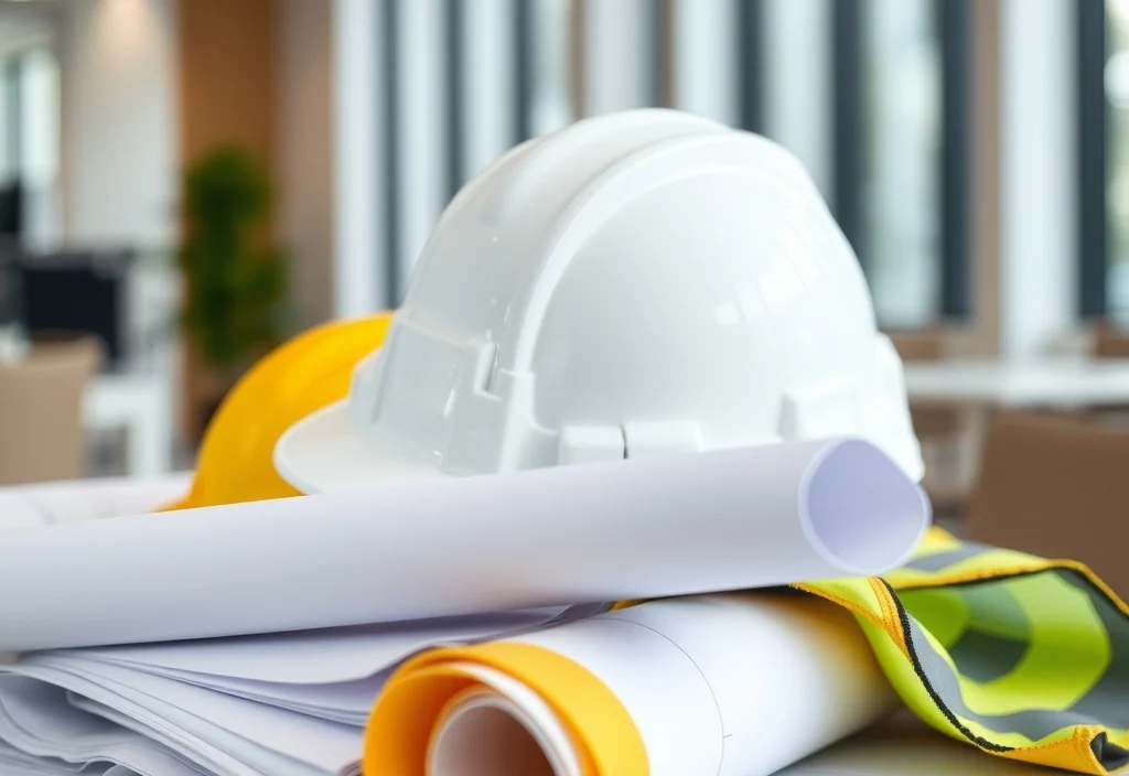 Engineering hard hats and rolled drawings on a table in a modern office