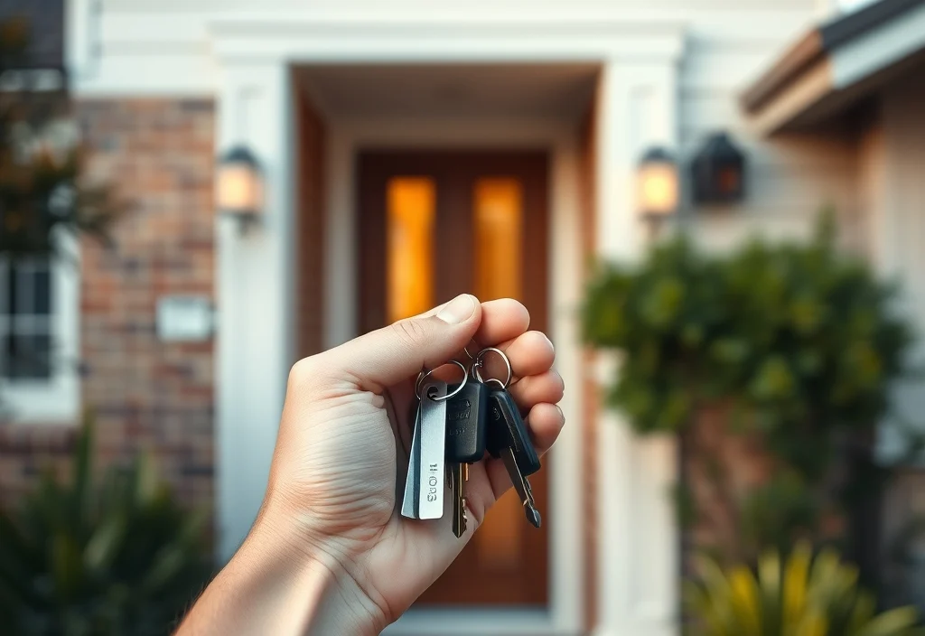 A hand holding house keys in front of a home front door