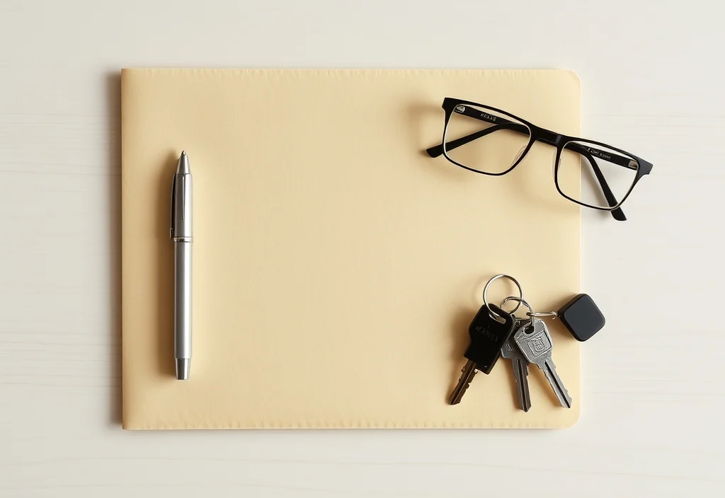 A folder, pen, glasses and house keys arranged on a desk, ready for a rental application