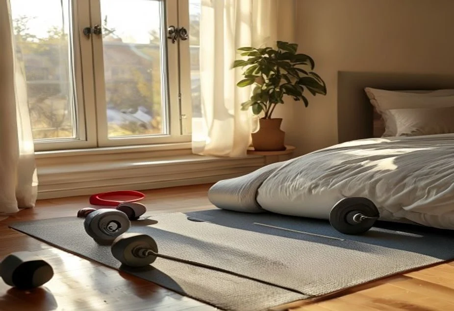 A home exercise corner with a yoga mat dumbbells and resistance bands