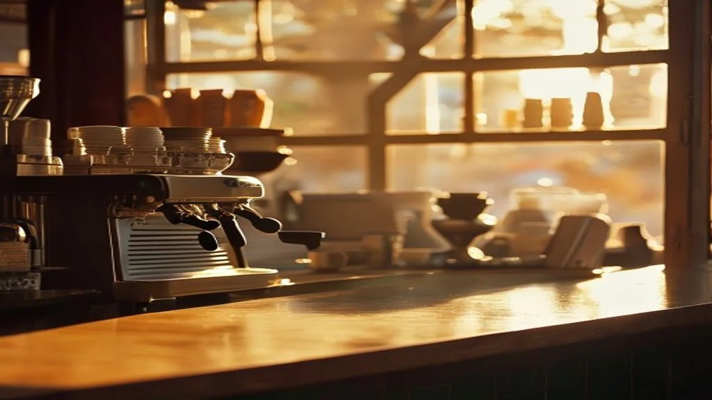 Empty cafe counter and espresso machine at the end of a shift