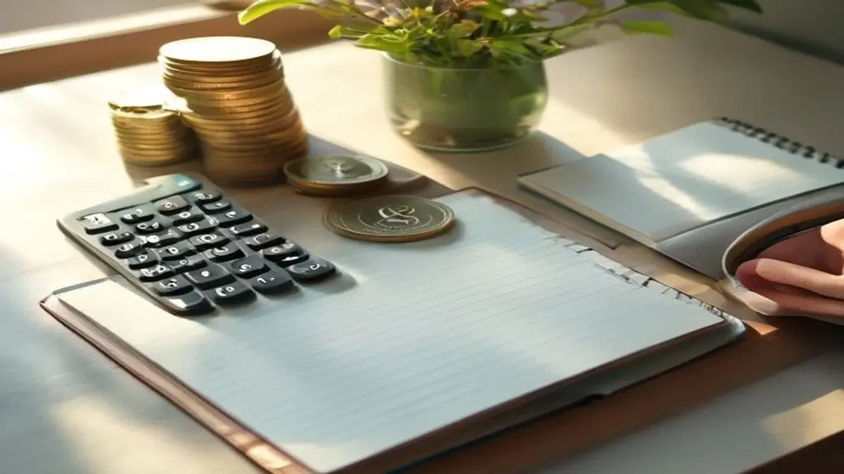How much you can save A calculator, coins and a notebook on a desk