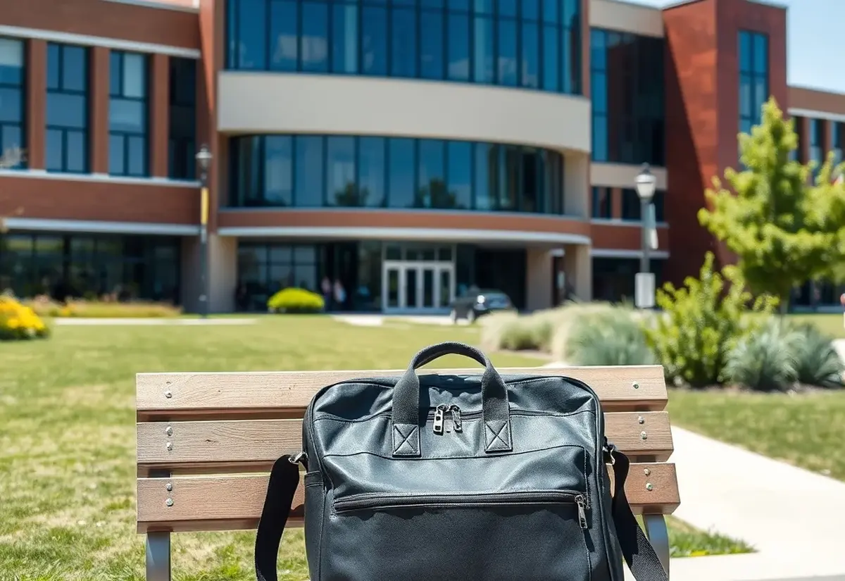 Hybrid programs A modern university campus with a bag on a bench