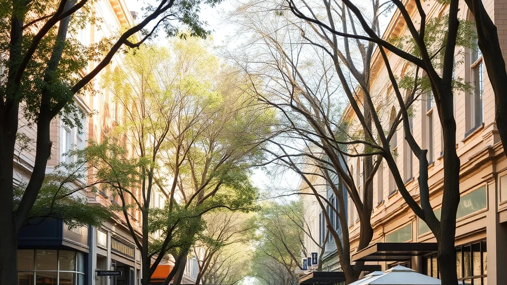 A leafy inner-Melbourne cafe street with shopfronts and street trees