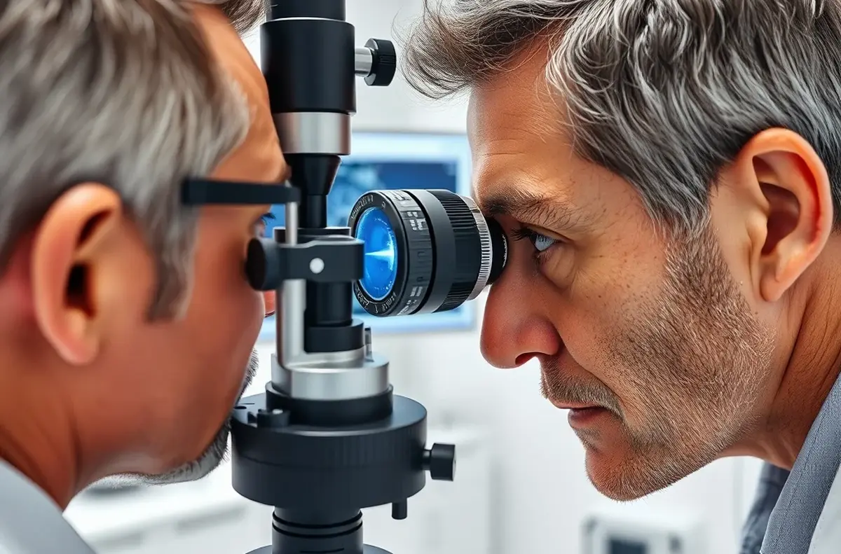 Optometrist measuring corneal thickness during a laser eye surgery suitability assessment