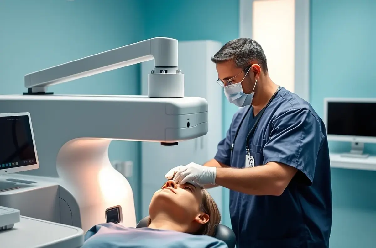 Ophthalmic surgeon performing laser vision correction on a patient in an Australian eye clinic