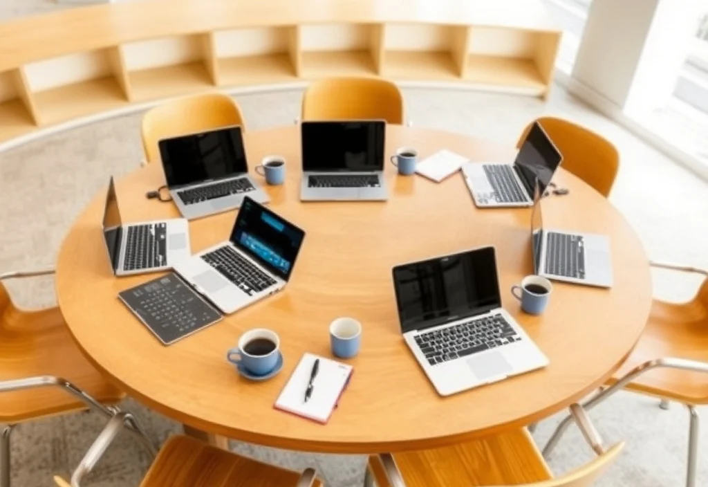 A round study table set up for group work with laptops and notebooks