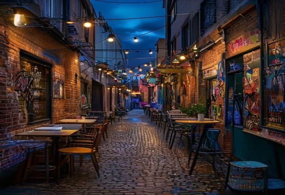 A Melbourne laneway at night lined with small bars and warm hanging lights