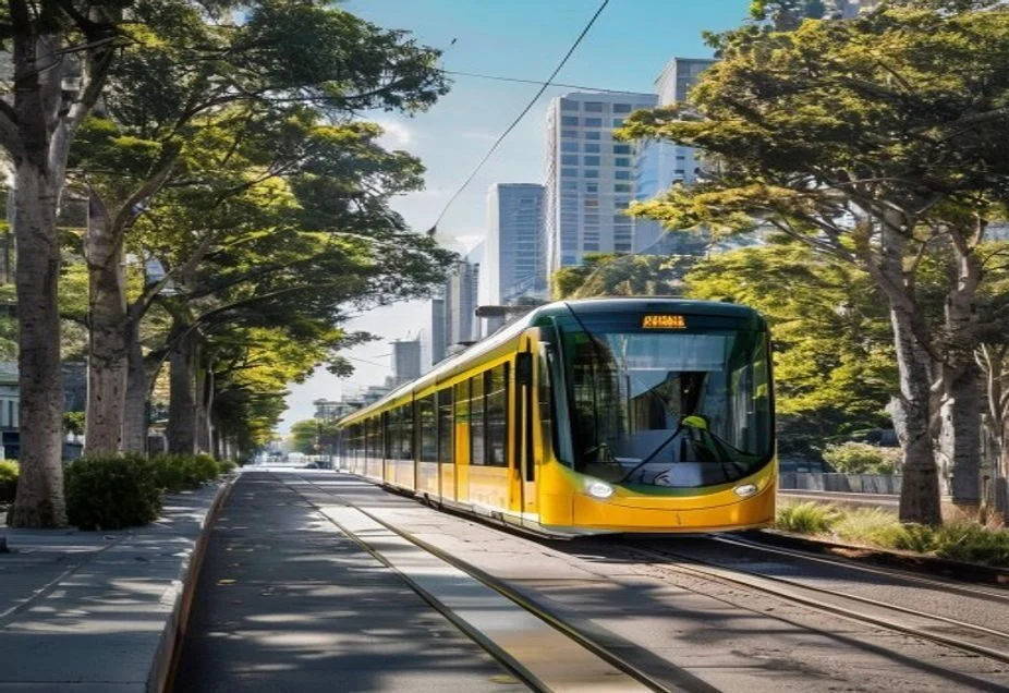 A tram travelling along a city street in Melbourne on a sunny day
