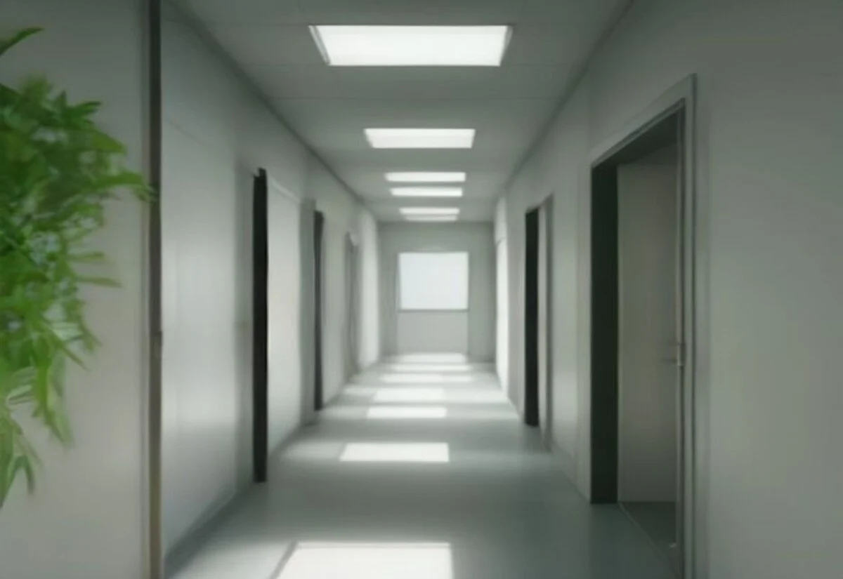 Calm modern hospital corridor with natural light