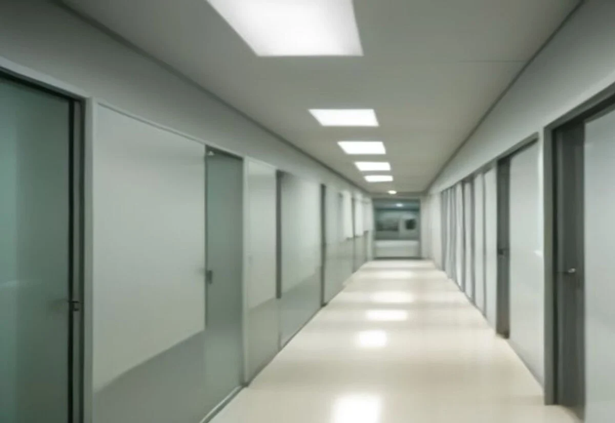 Bright modern hospital corridor with natural light