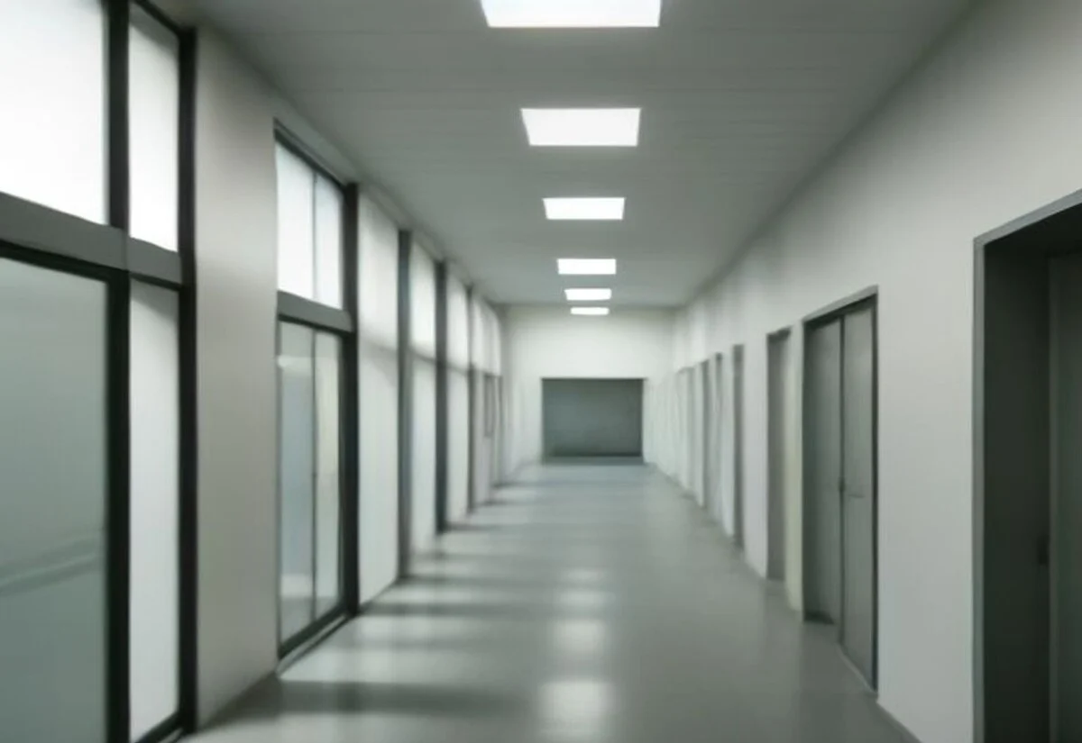 Bright modern hospital corridor with abundant natural light