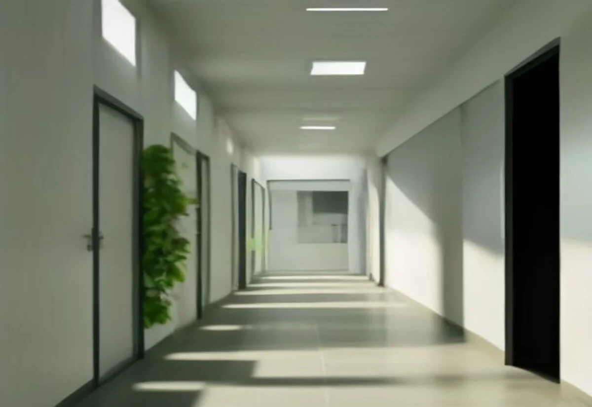 Calm modern hospital corridor with natural light