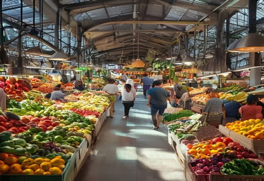 A busy multicultural fresh food market hall with colourful produce stalls