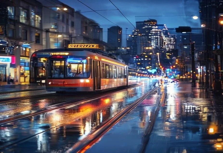 A lit tram travelling through a city street at night in Melbourne