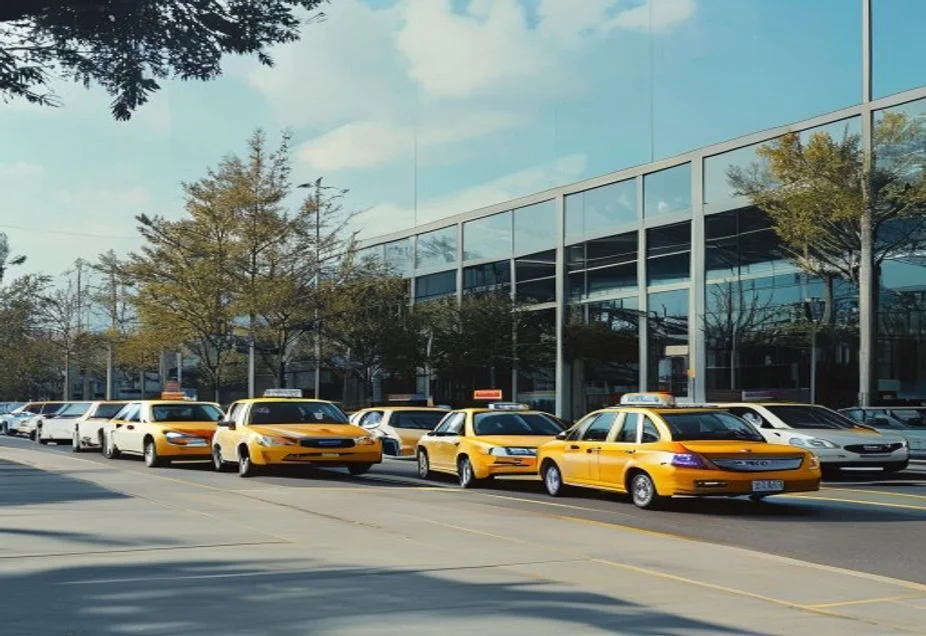 Taxis waiting at an official airport taxi rank outside a terminal