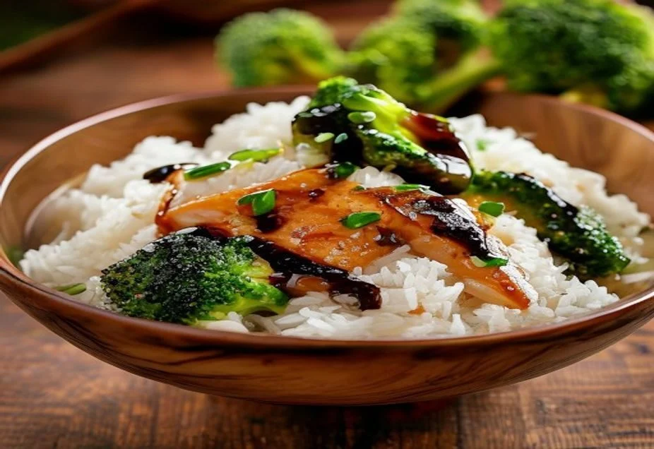 A bowl of rice topped with sliced chicken and green broccoli