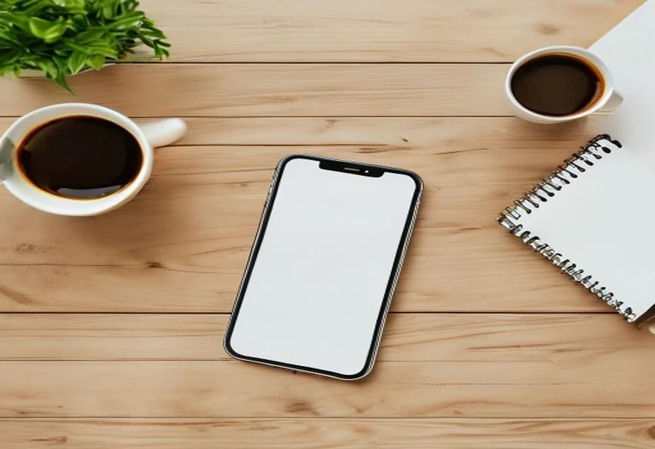 A phone showing a shopping app beside a card and coffee on a desk