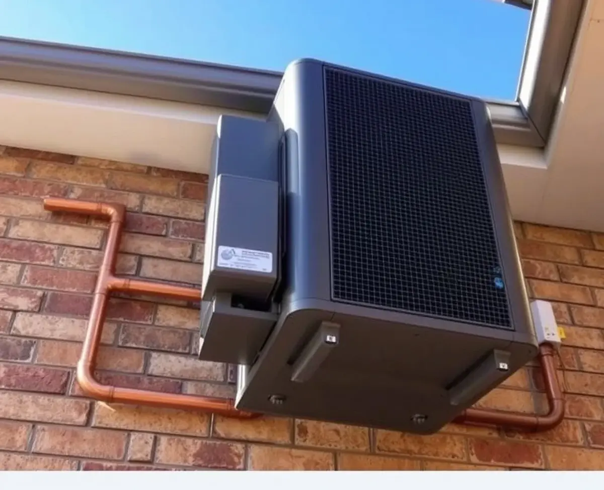 Outdoor unit placement and pipe run Outdoor air conditioner condenser unit on a brick wall with insulated copper pipework