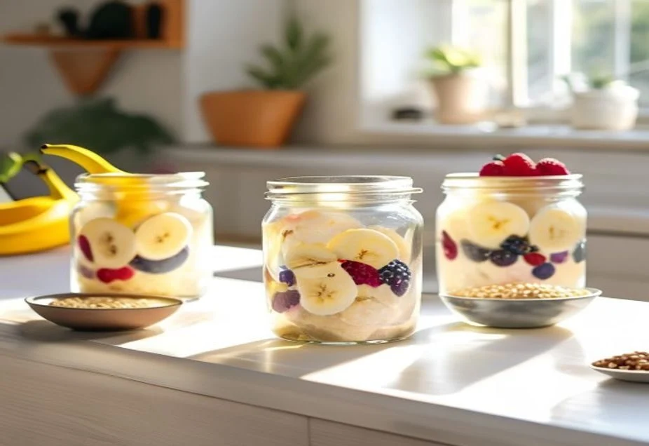 Three jars of overnight oats topped with banana and berries on a kitchen bench