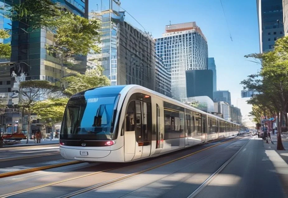A modern light rail tram on a street in the Parramatta CBD