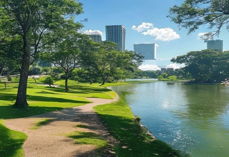 A riverside park in Parramatta with walking paths and open lawns