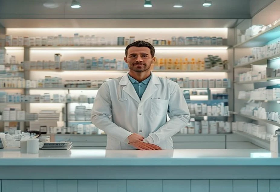 A pharmacist behind the counter of a modern Australian pharmacy