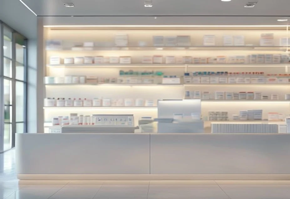 A pharmacy counter interior representing prescription and healthcare costs