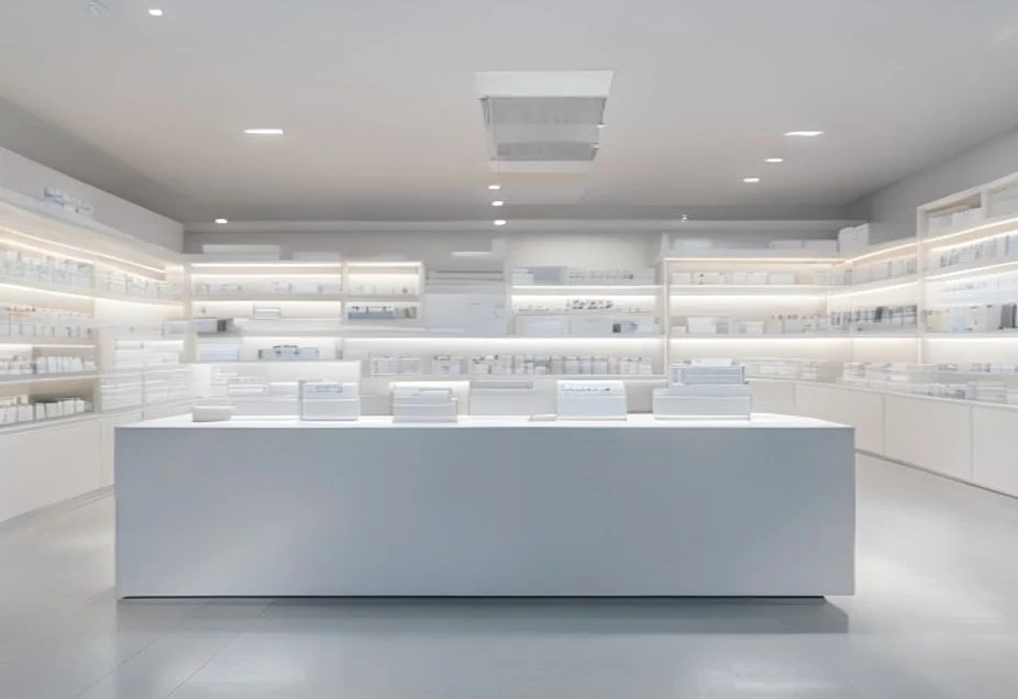 A pharmacy dispensary counter with shelves of medicine boxes