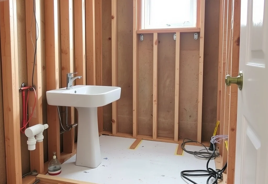 Plumbing and electrical rough-in stage Bathroom stripped to studs with new plumbing and electrical rough-in during renovation