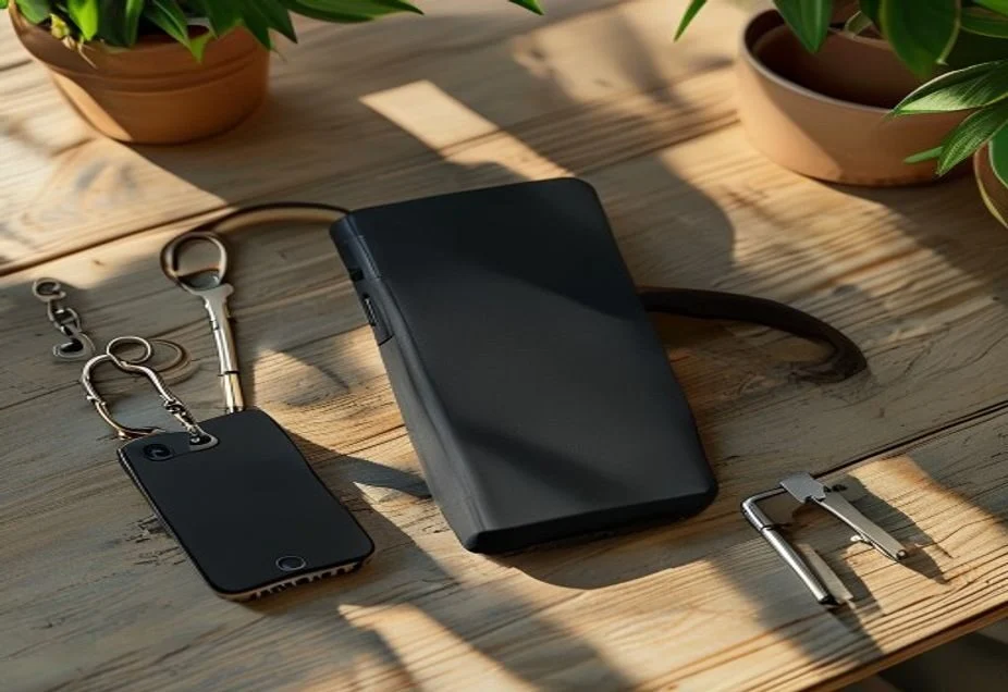 A power bank charging a phone on a desk beside keys