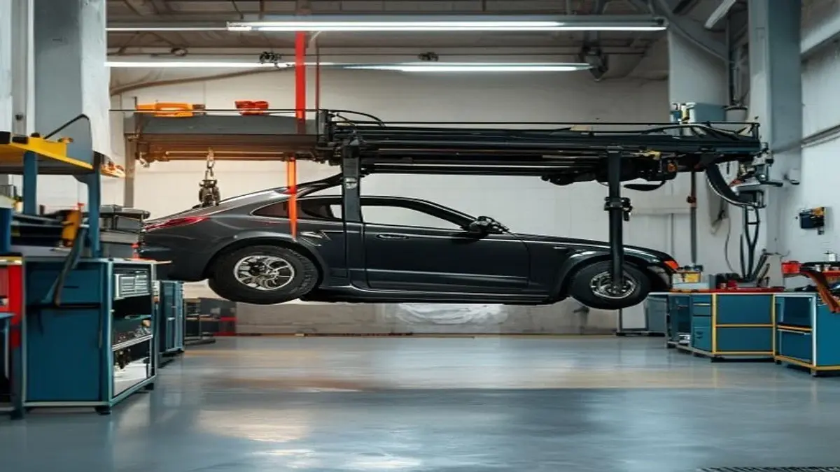 Car raised on a hoist in a mechanical workshop