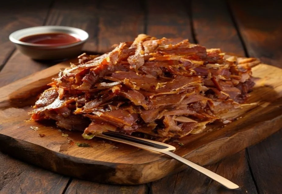 Shredded pulled pork piled on a wooden board with two forks