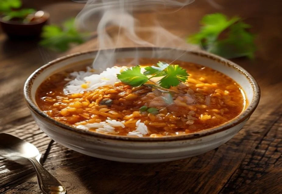A bowl of red lentil dhal served over rice with fresh coriander