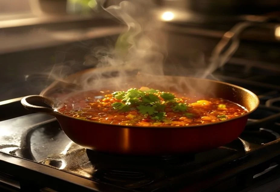 A pan of thick lentil stew topped with fresh coriander