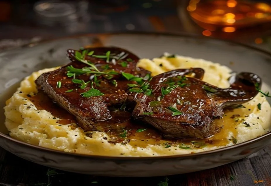 Slow cooked meat on creamy mashed potato with rich dark sauce