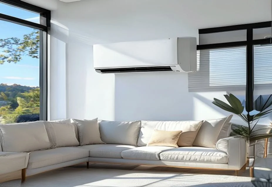 A reverse-cycle air conditioner mounted on a living room wall in an Australian home