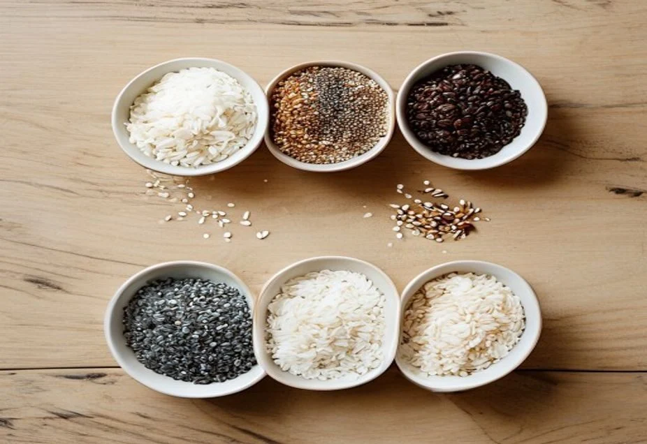 Bowls of different uncooked rice varieties on a wooden table