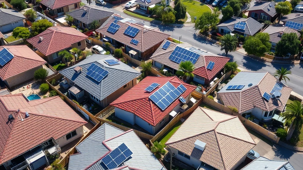 Rooftop solar saturation in an Australian suburb Aerial view of an Australian suburb with solar panels on many rooftops