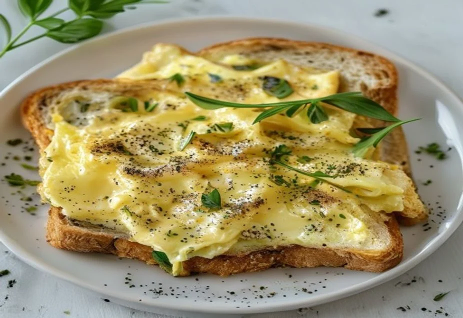 Creamy scrambled eggs on buttered toast with black pepper