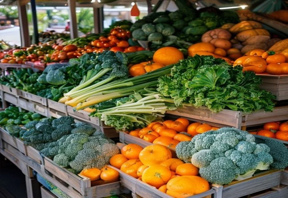 Fresh seasonal vegetables and citrus piled in crates at a market stall