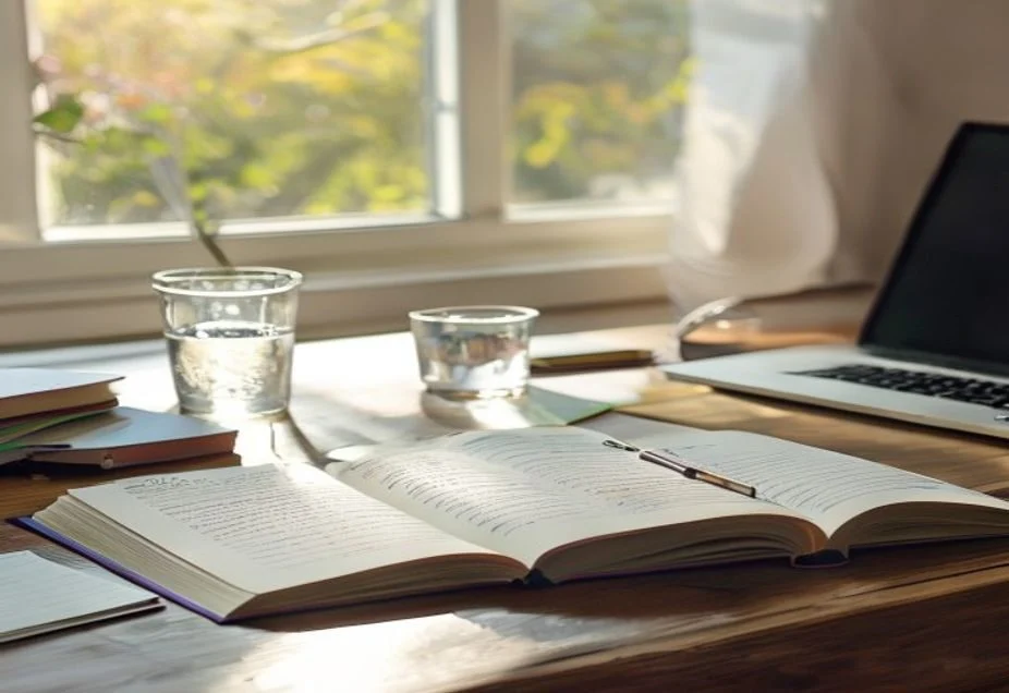 A tidy study desk with an open notebook, pen and a glass of water