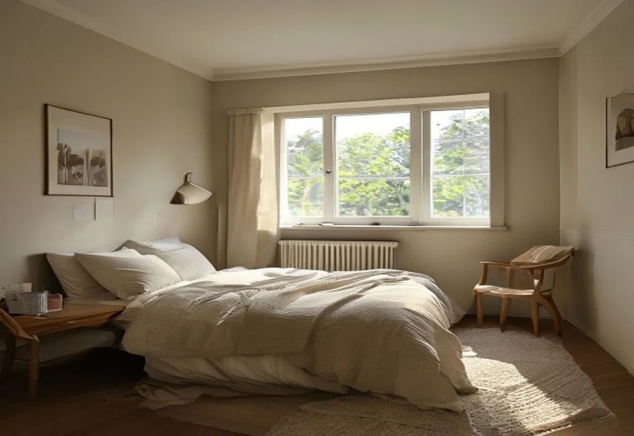 A simply furnished bedroom with a made bed and a small study desk