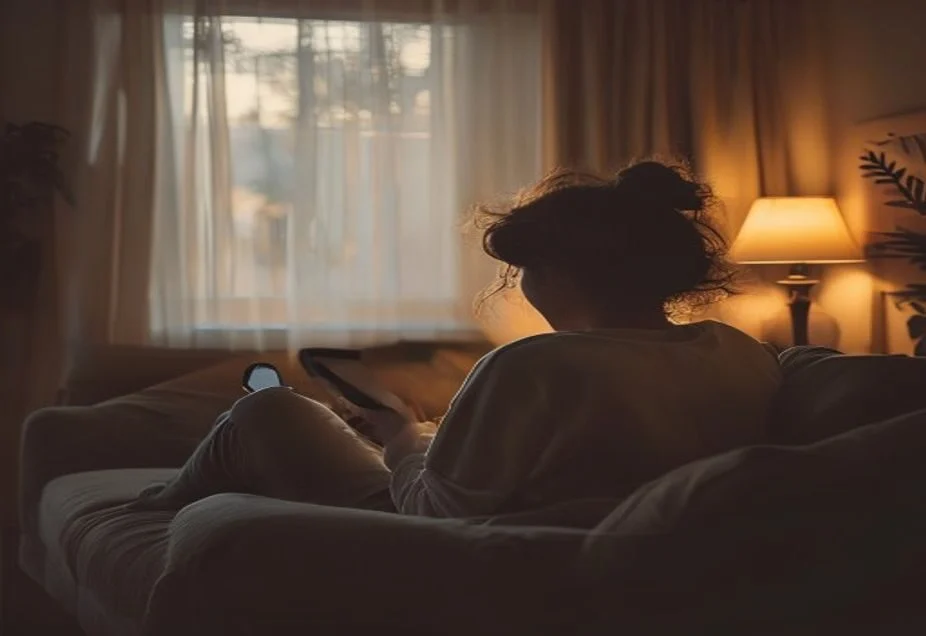 A person on a sofa in soft evening light looking at a phone, seen from behind