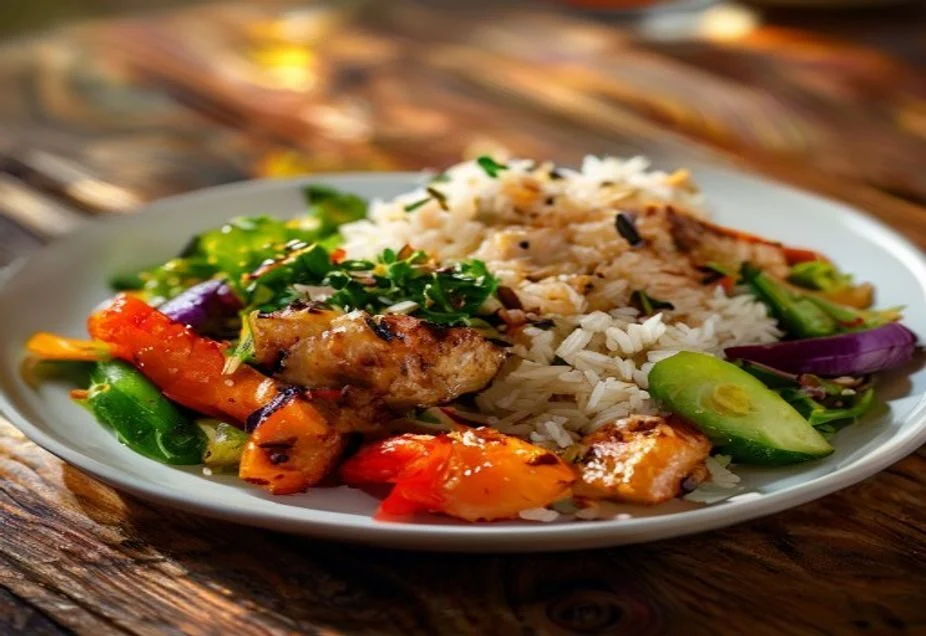 A simple home cooked dinner of rice chicken and vegetables on a wooden table