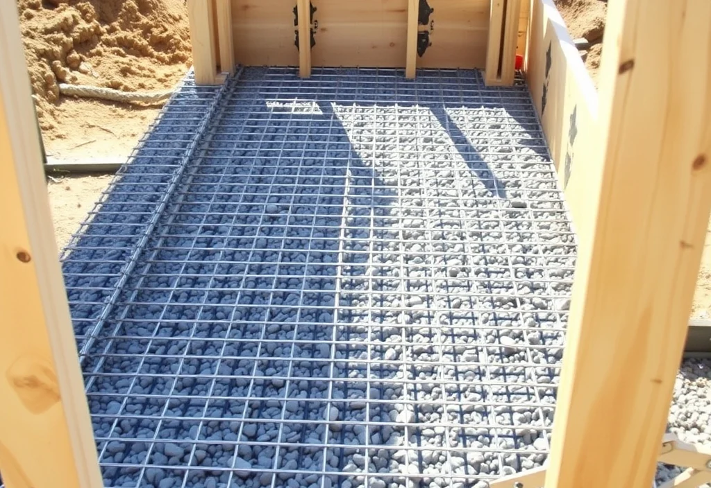 SL72 mesh and sub-base preparation Steel reinforcing mesh on a prepared sub-base inside formwork before a concrete pour