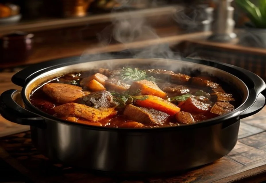 An open slow cooker filled with beef and vegetable casserole